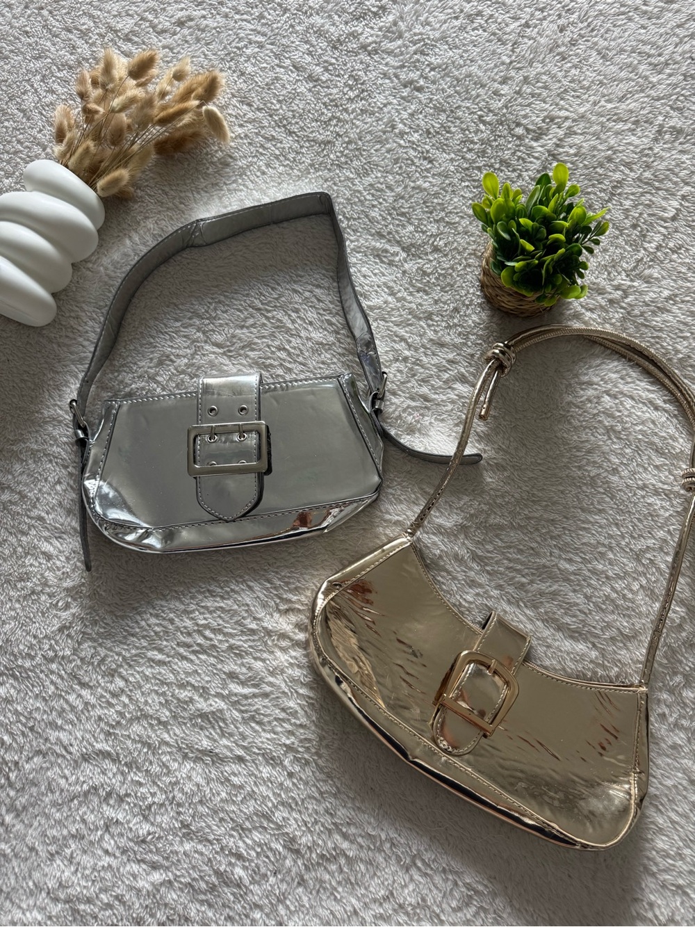 Set of 2 Metallic Silver & Gold Buckle Shoulder Bags – New